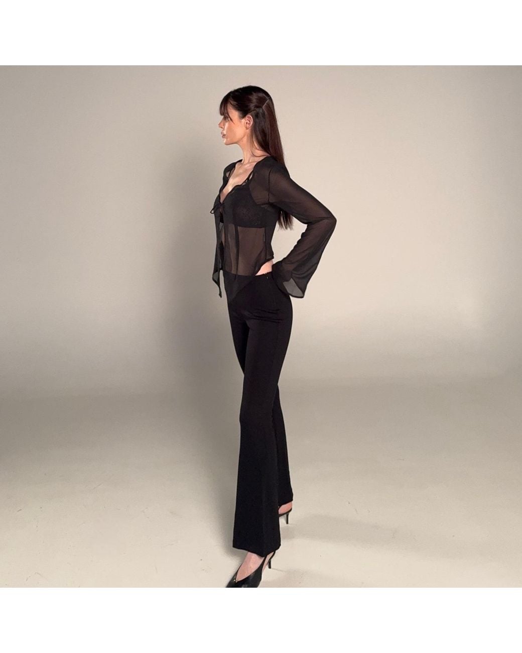 Amortizia Black Arsenic Blouse Sheer Flowy Long Sleeve Top