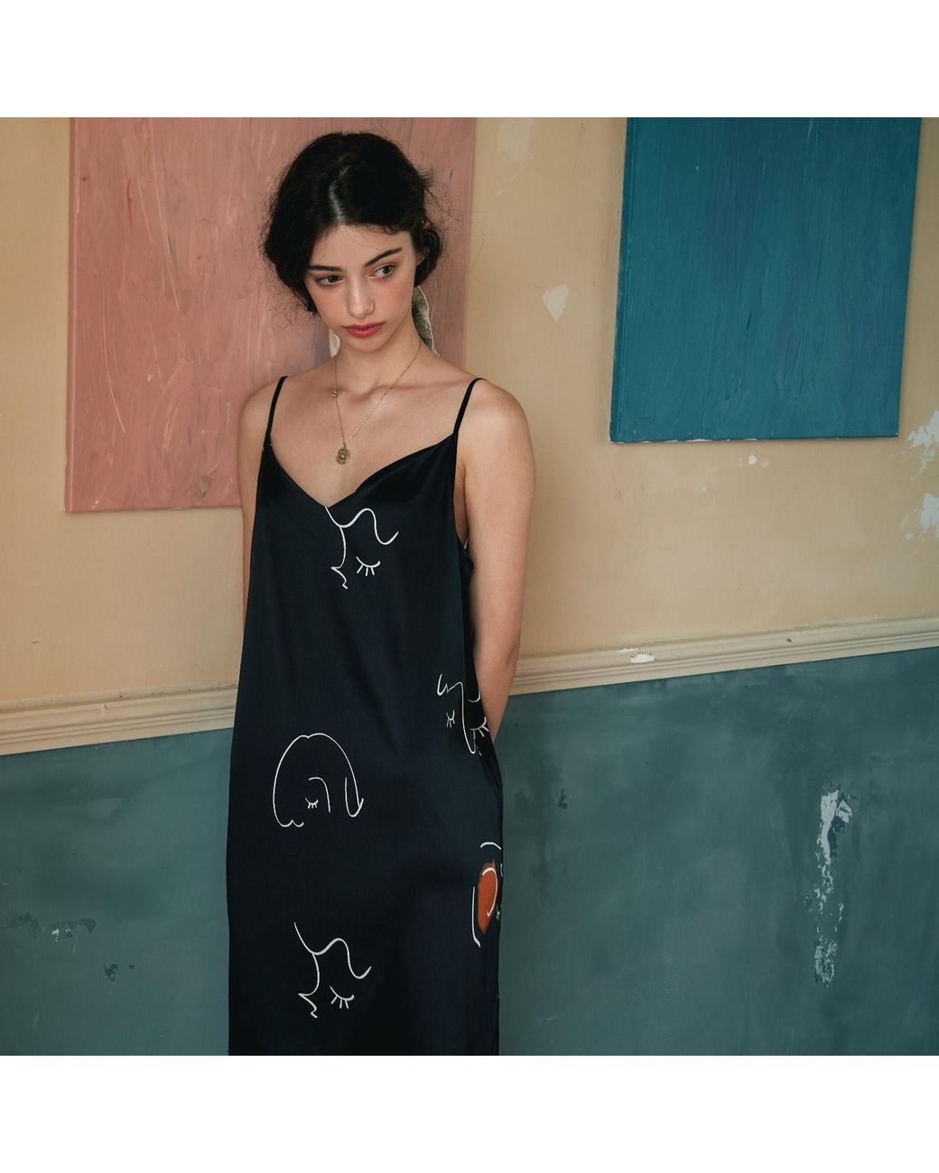 NOT JUST PAJAMA Black The Dream Art Printed Silk Dress