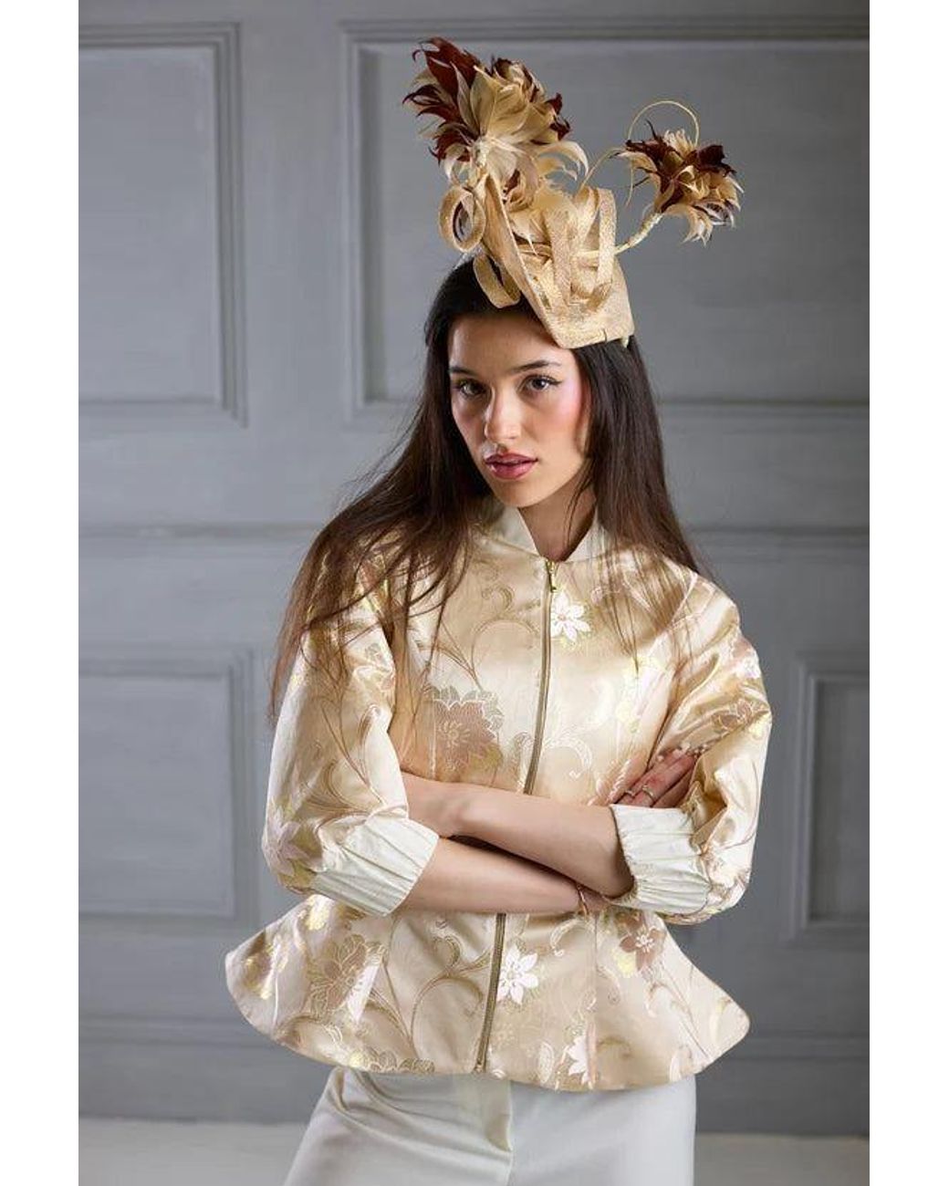 Lioness by Tf Natural Neutrals Ivory Shimmery Flora Fitted Jacket Blouse