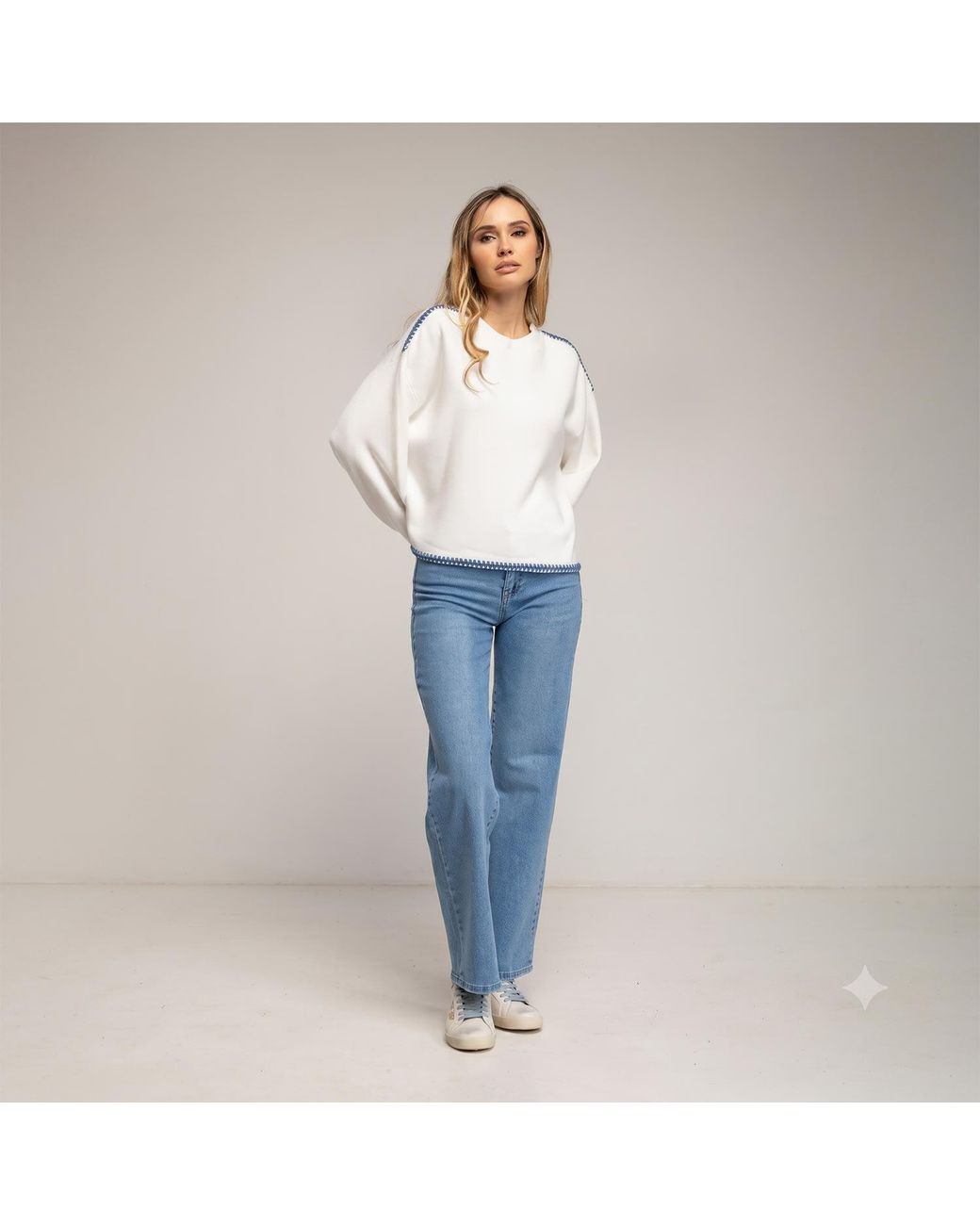 Tantra Spain Sl White Oversized Knit Sweater With Topstitching Detail On Hem And Shoulders