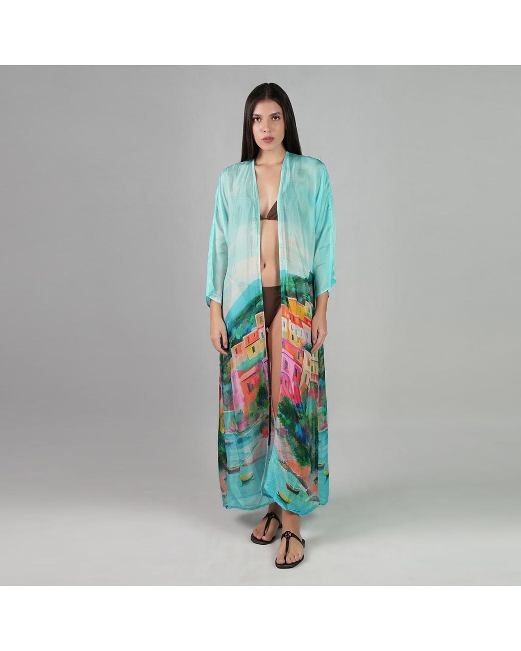 DHARA SHETH DUBAI Blue La Dolce Riviera Mediterranean Long Kimono Dress