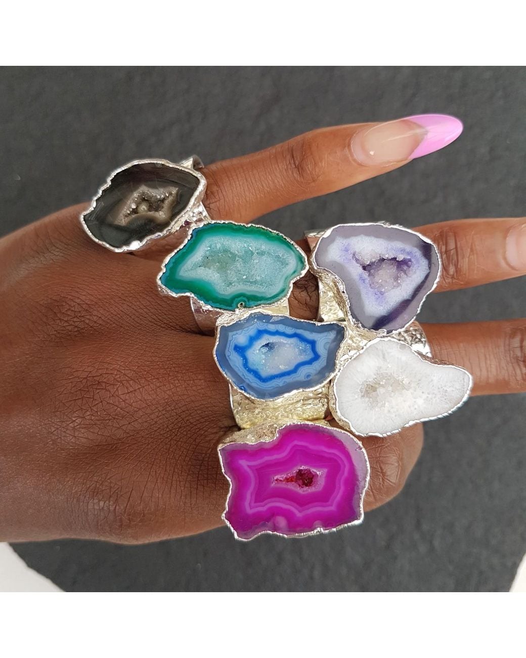 YAA YAA LONDON Black Mega Gemstone Silver Statement Ring