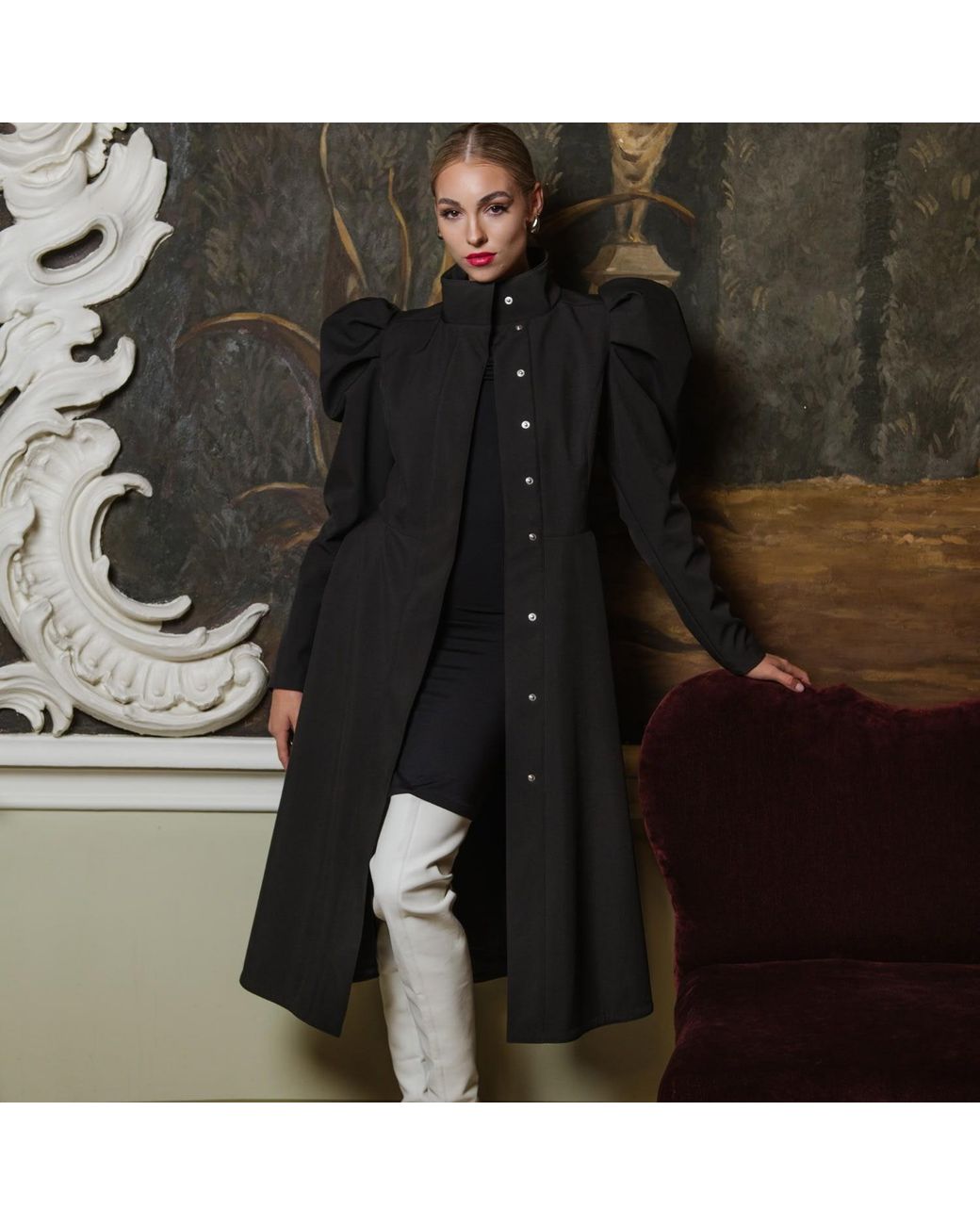RainSisters Black Coat With Balloon-Styled Sleeves: Majestic Night