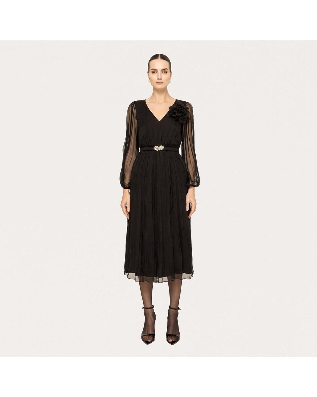 Nissa Black Floral-Applique Silk Midi Dress