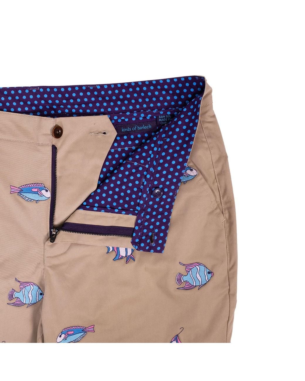 Lords of Harlech Natural Charles Fish Embroidery Pants for men