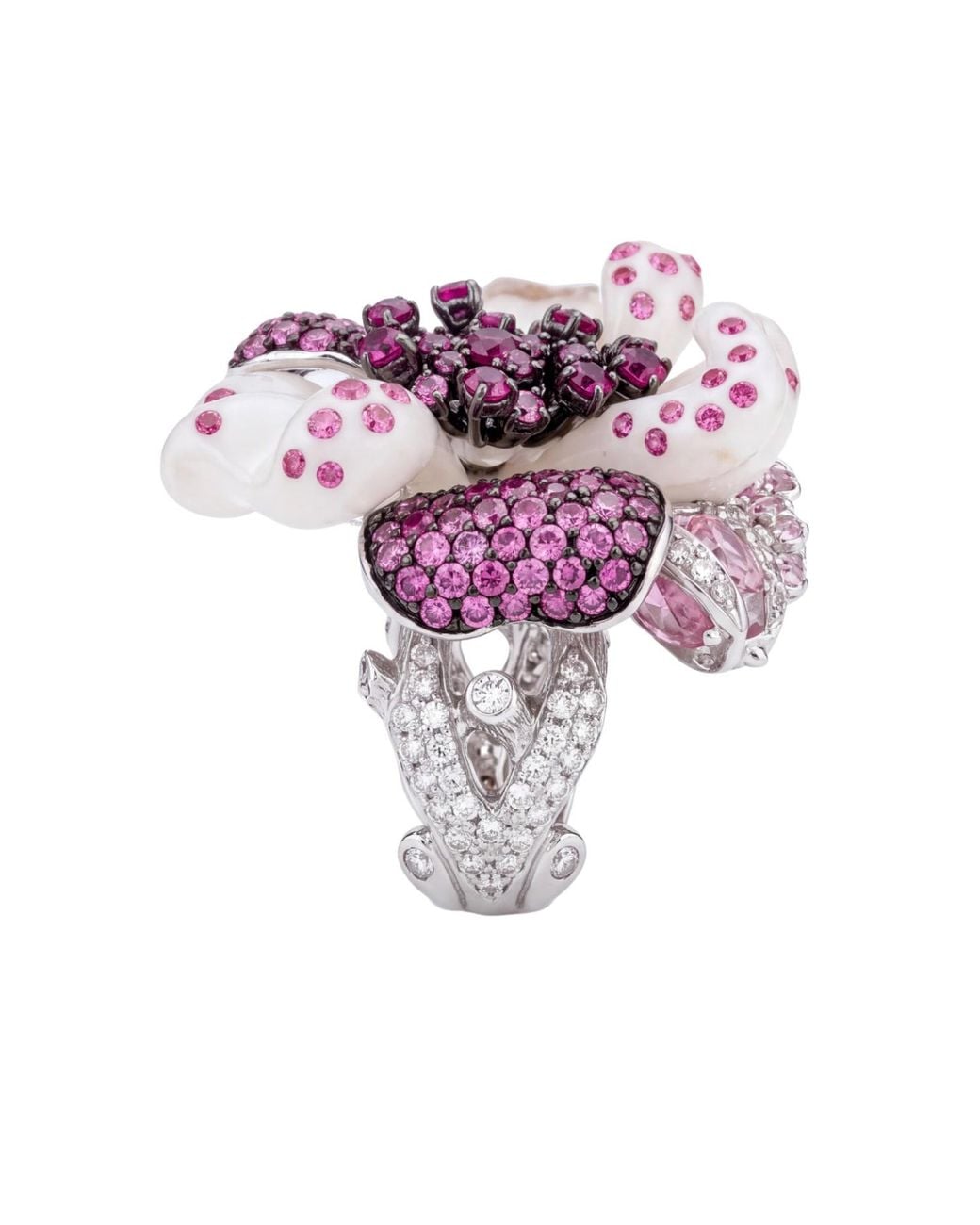 Latelita London Pink Jade Ruby Rose Flower Cocktail Ring