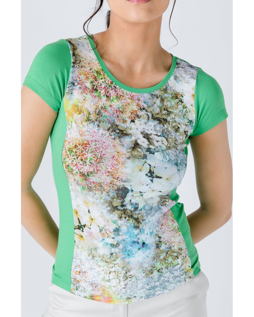 Conquista Green Short Sleeve Floral Print Top