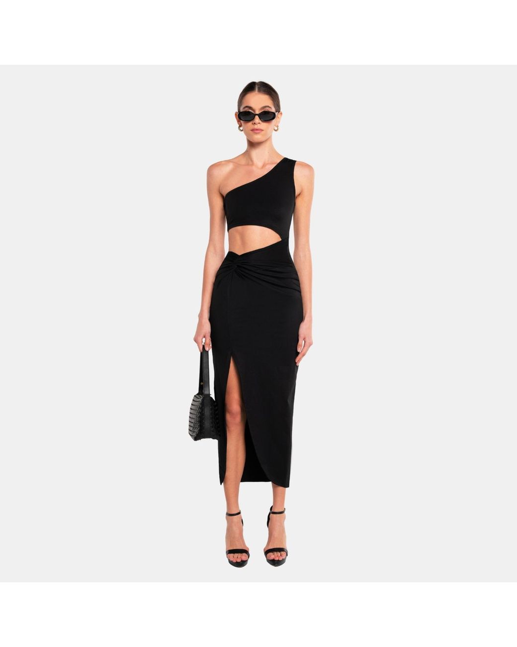 OW Collection Black Isabella One Shoulder Cut Out Midi Dress