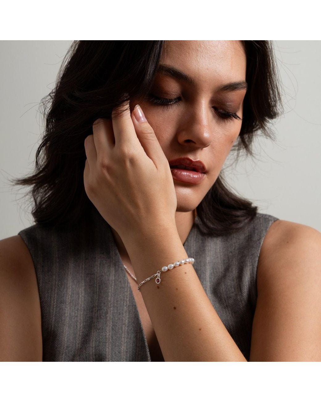 Dower & Hall White Luna Pearl & Garnet Charm Bracelet
