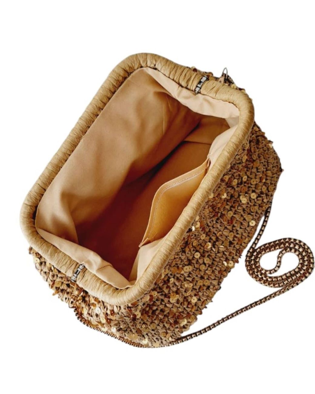 Springmoonatelier Metallic Handcrafted Raffia Clutch With Golden Sequins