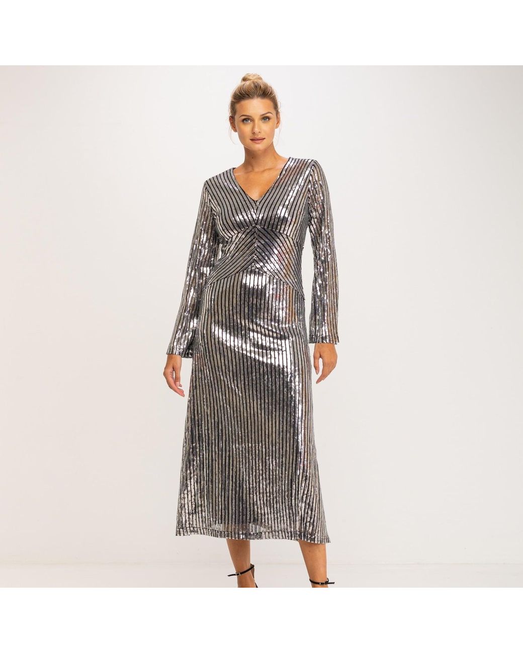 Tantra Spain Sl Gray Sequined Midi A Line Dress With Long Sleeves