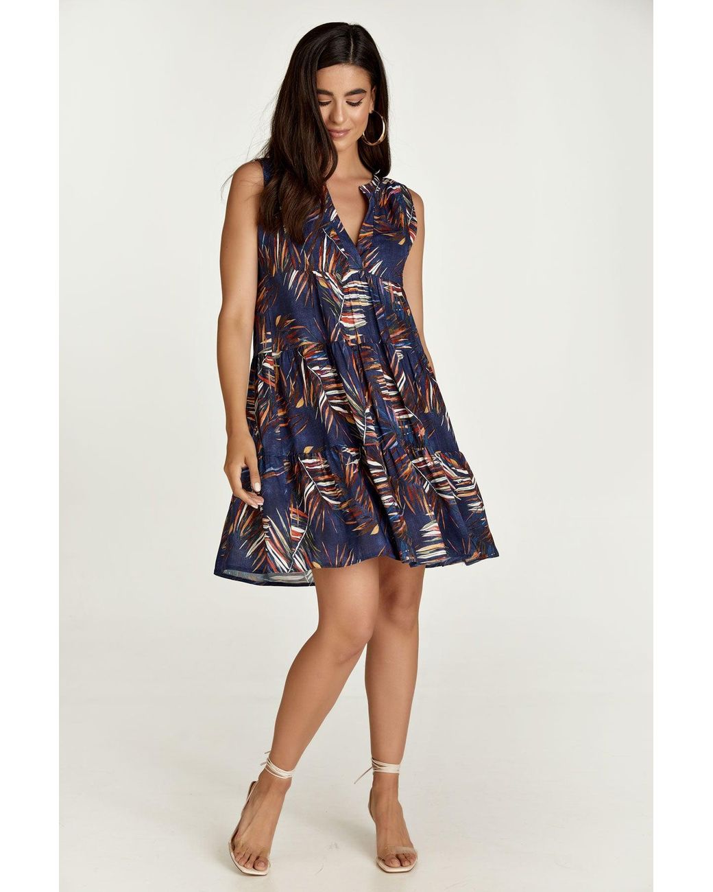 Conquista Blue Sleeveless Leaf Print A Line Dress