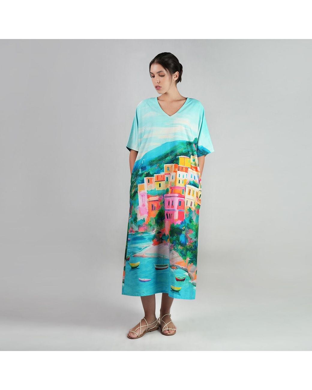 DHARA SHETH DUBAI Blue La Dolce Riviera Mediterraneanvintage Look Long Cotton Kaftan Dress With Pockets