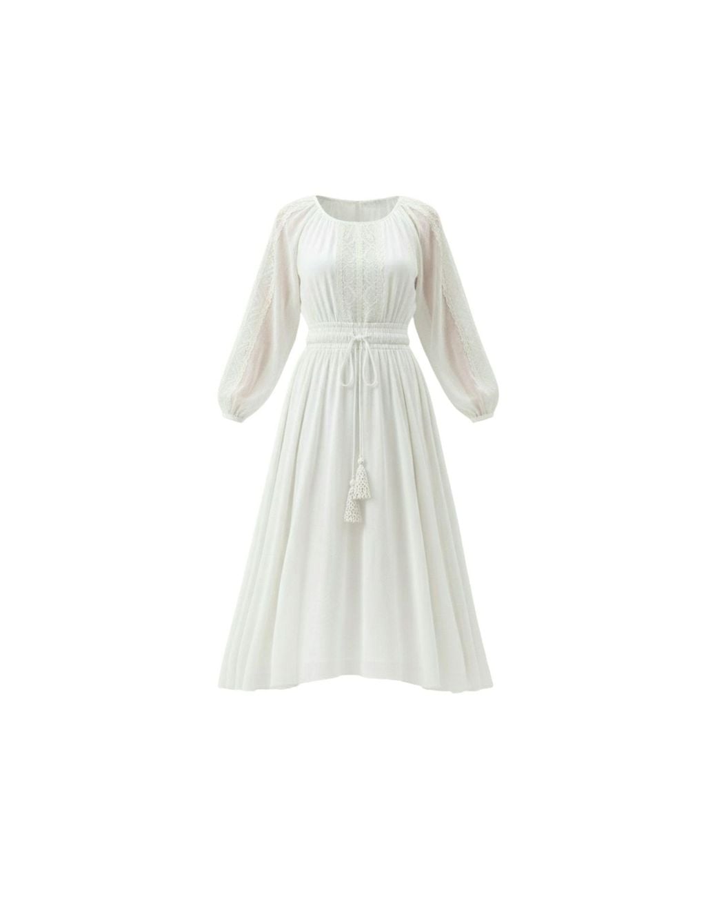 IZABELA MANDOIU White Midi Silk Voile Dress With Macramé Insets And Adjustable Waist