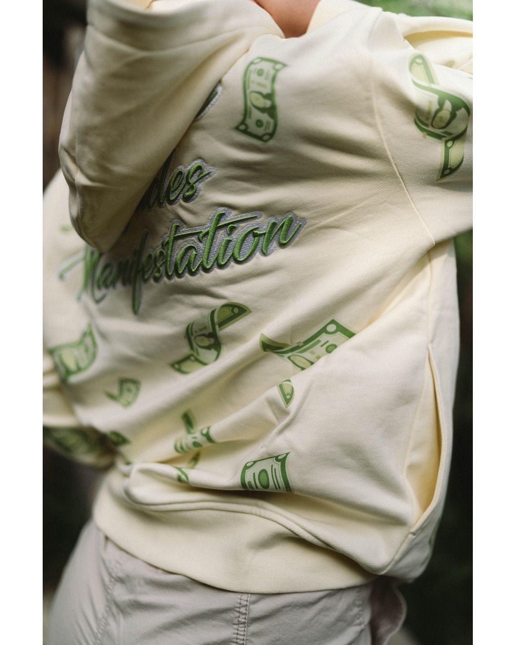 Miracles Manifester Gray Neutrals Manifestation Embroidered Hoodie With Rhinestone Design