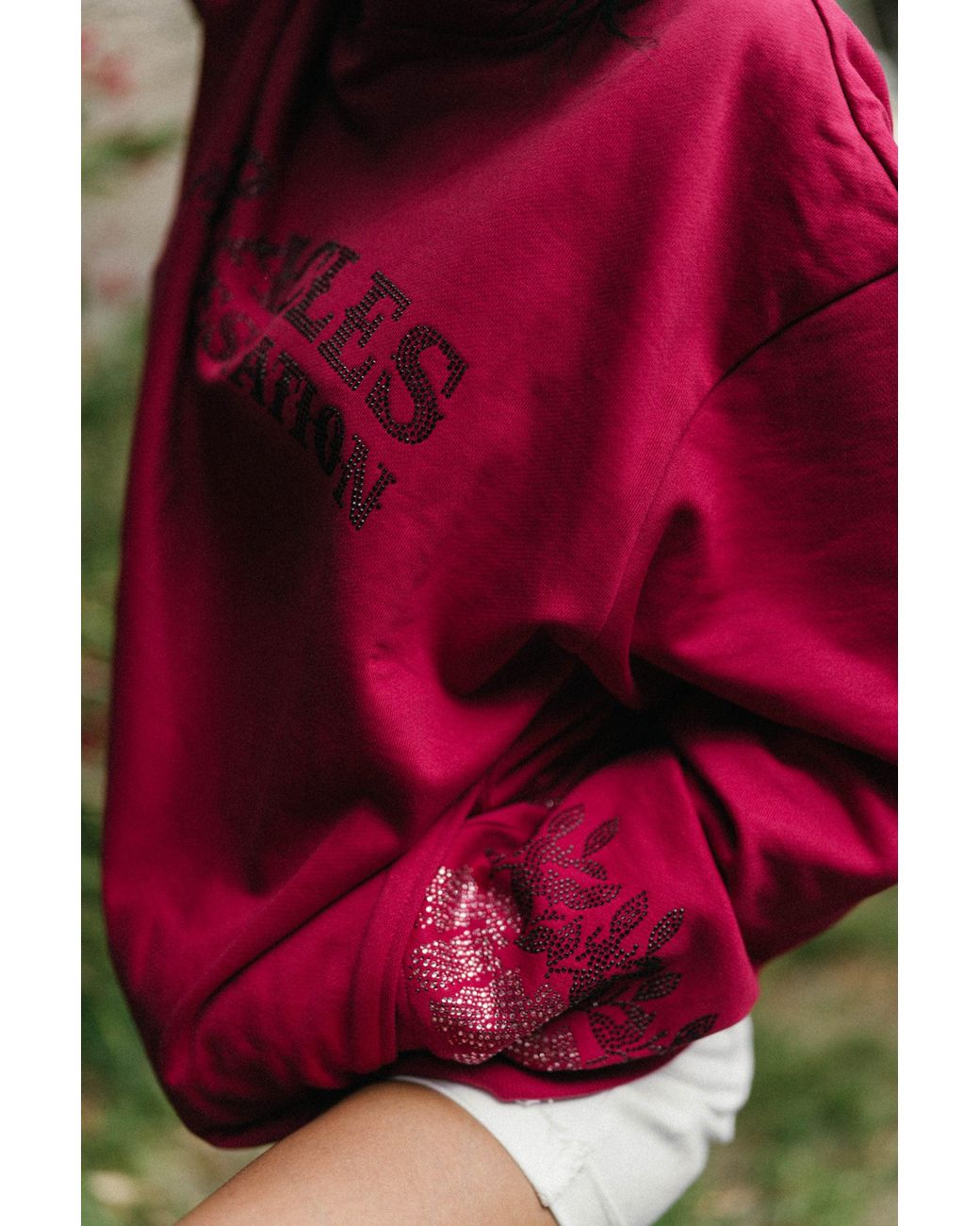 Miracles Manifester Red Positive Affirmation Hoodie With Rhinestone Design