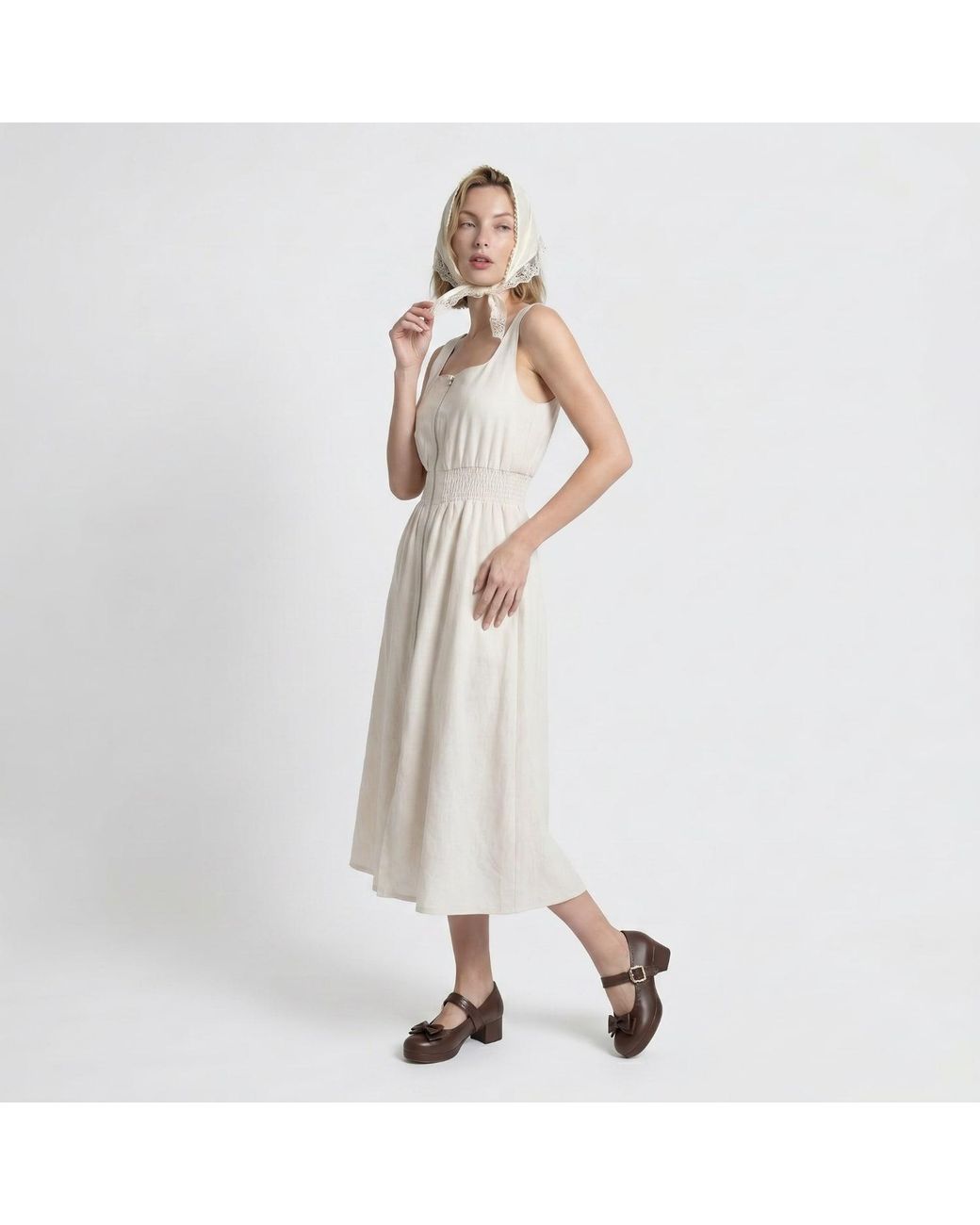 Modenaire White Neutrals Smocked Midi Dress Refined Slit