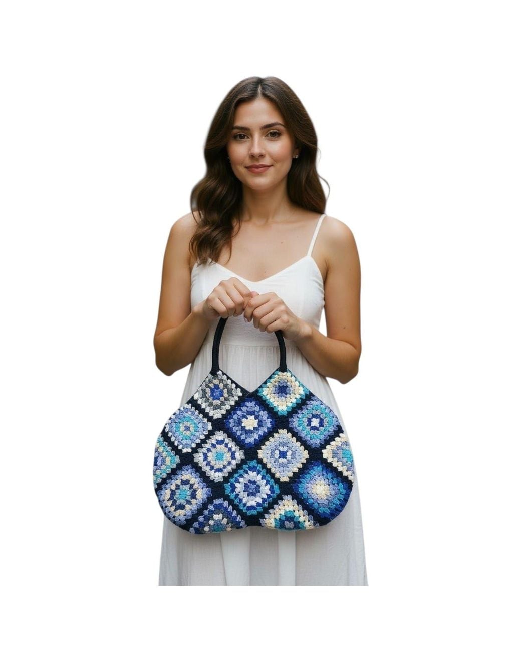 Springmoonatelier Blue Azure Mosaic Atelier Tote – Handcrafted Luxury Granny Square Bag