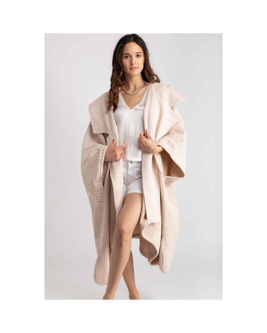 Saachi Natural Comfy Oversized Waffle Knit Collared Whisper Jacket