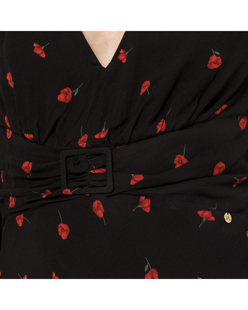 Nissa Black Rose-Print Viscose Midi Dress