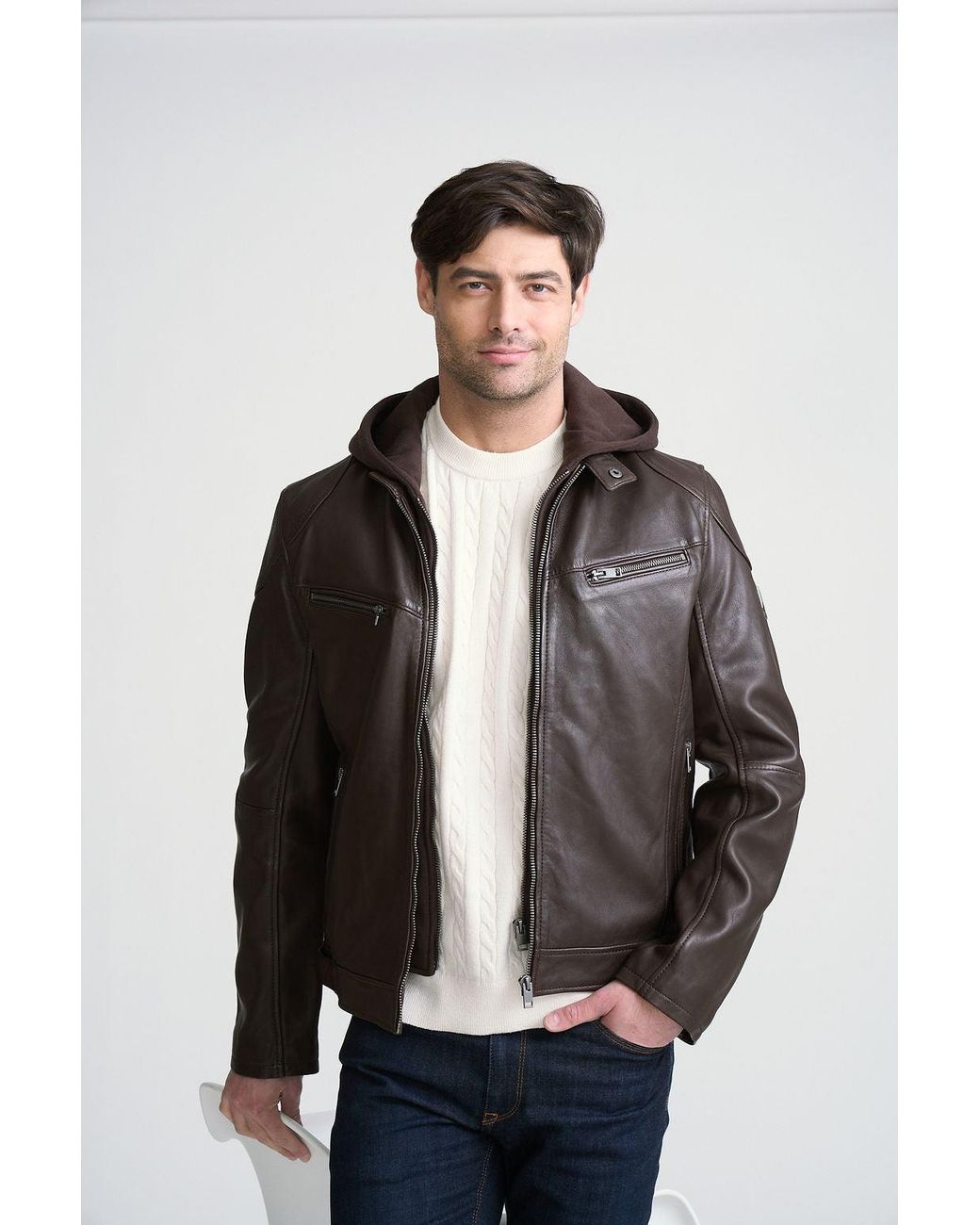 Mauritius Brown Muscle-Fit Leather Jacket With Removable Full Insert Biko for men