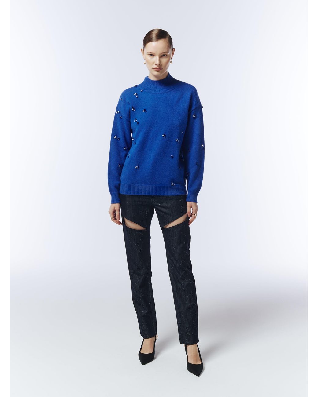 Sour Figs Blue Gemstone-Embellished High-Neck Jumper