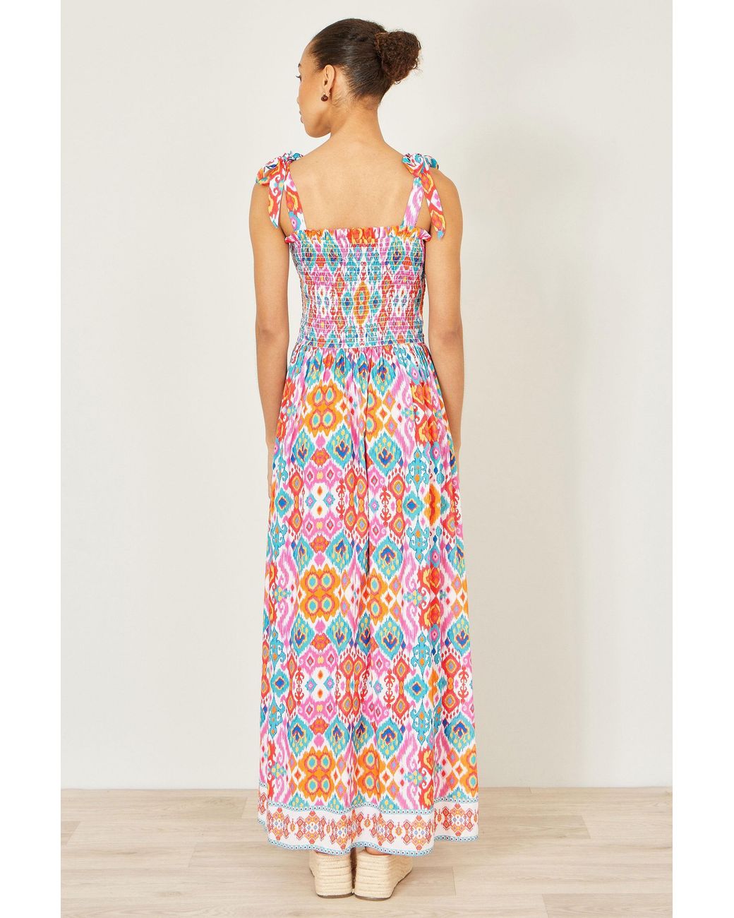 Yumi' Red Multicolour Ikat Print Maxi Viscose Sun Dress