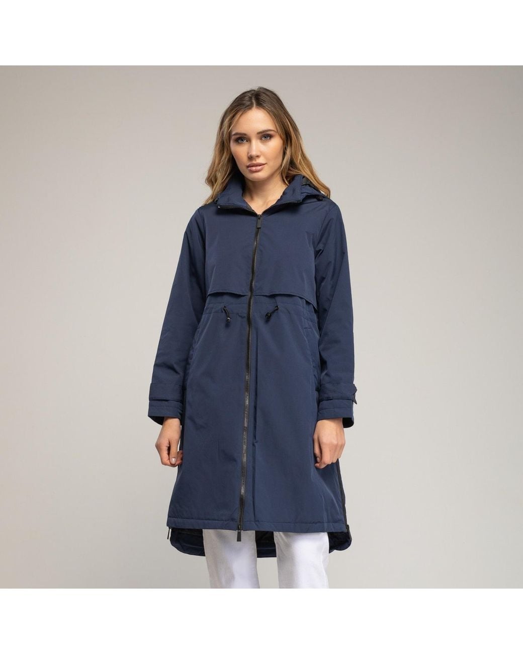 Tantra Spain Sl Blue Long Trench Coat With Hood, Zipper Closure, And Zipper Detail On The Sides