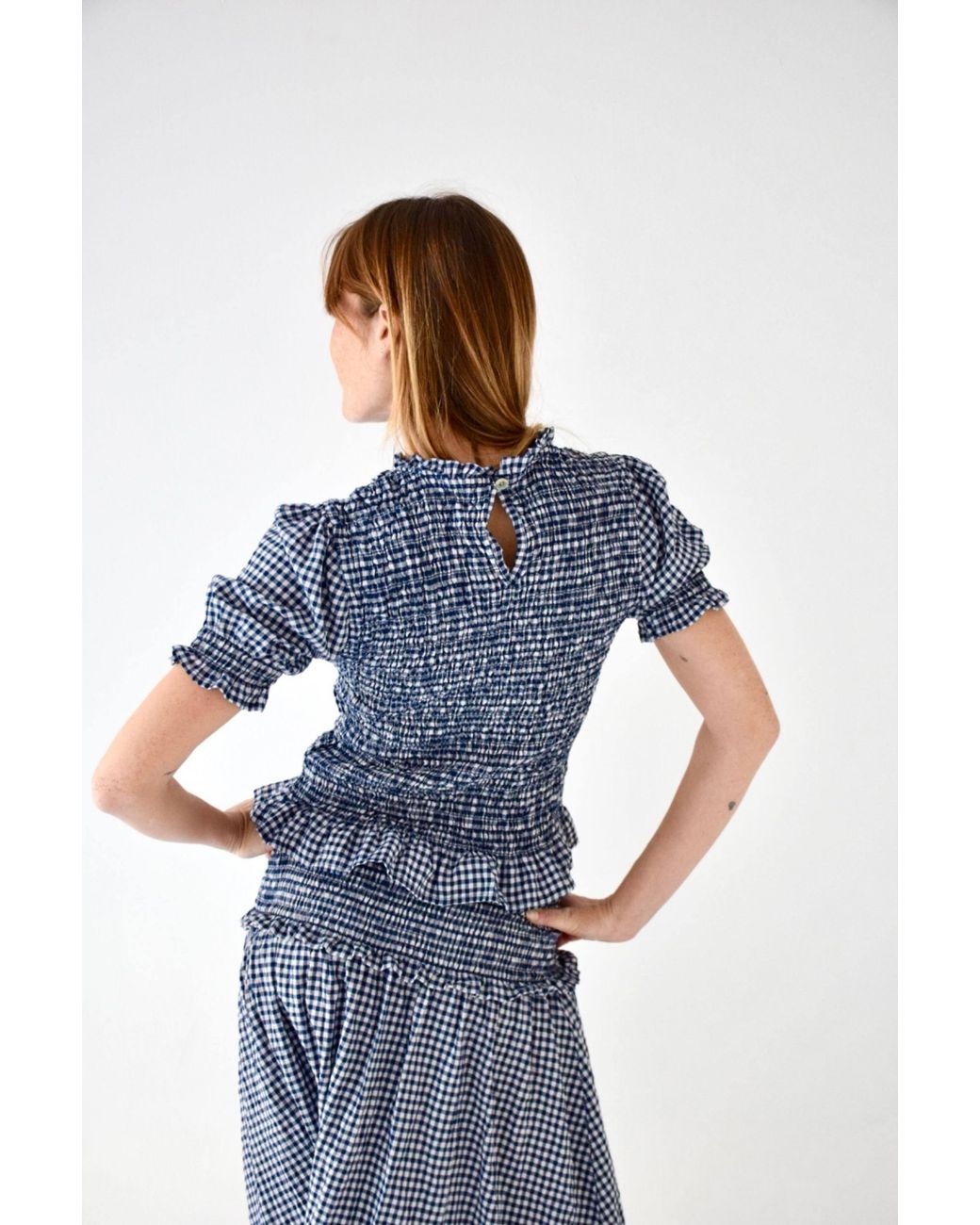 Mind Traveler Blue Gingham Smocked Lea Crop Top