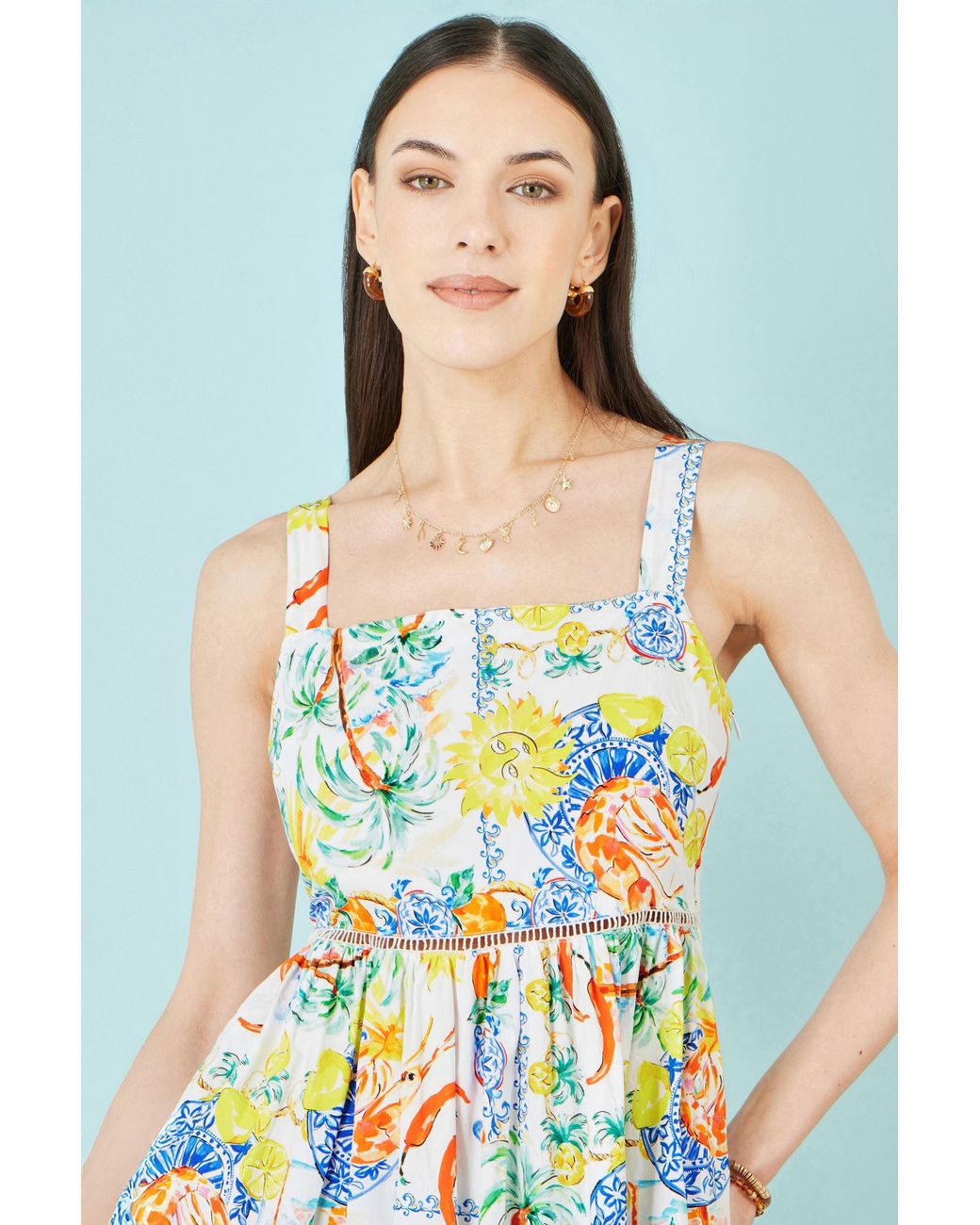 Yumi' White Mediterranean Print Cotton Midi Sun Dress