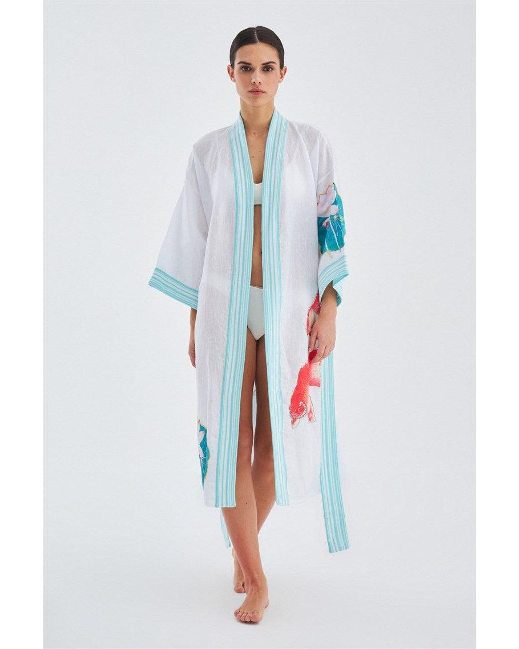 Peraluna Blue Lotus Flower And Fish Applique Linen Kimono