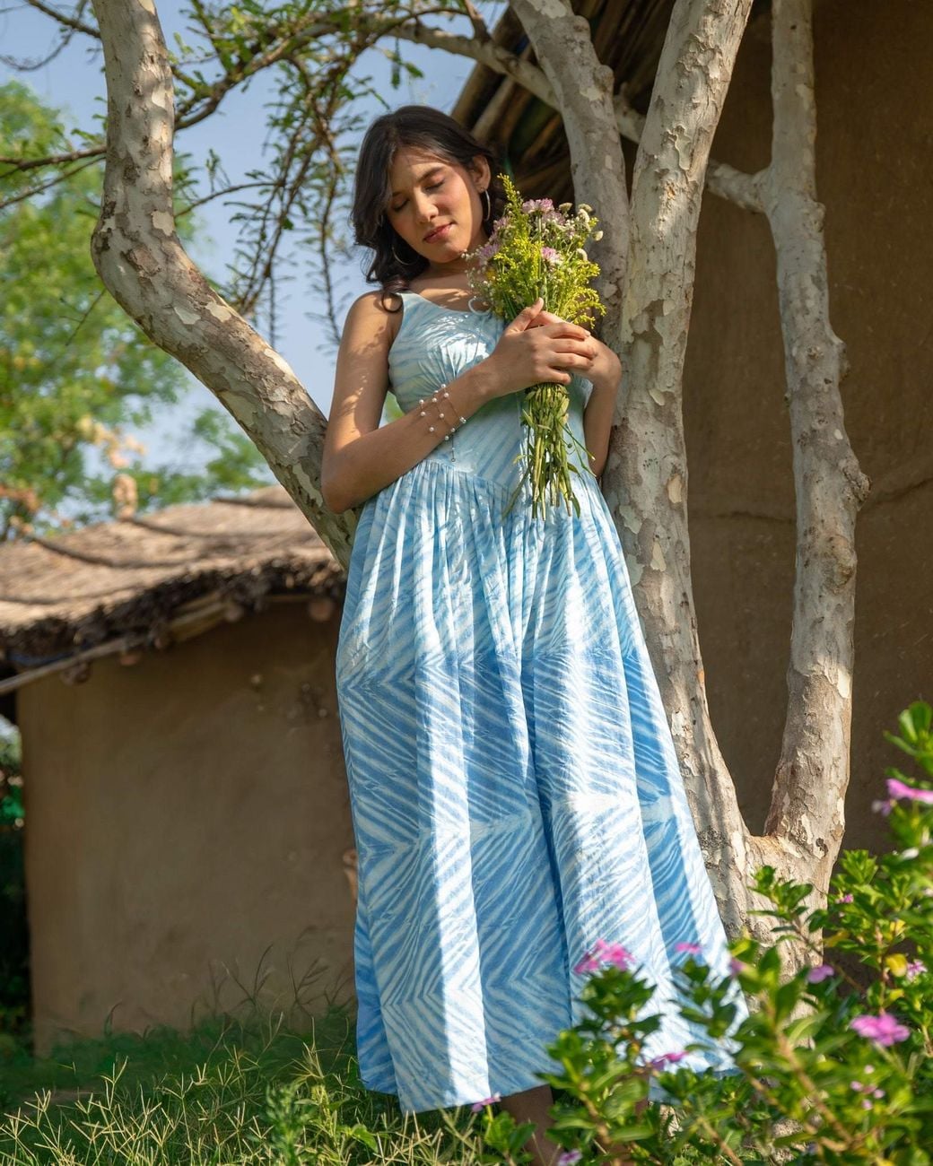 Charkha & Loom Blue Rhea Milkmaid Midi Dress