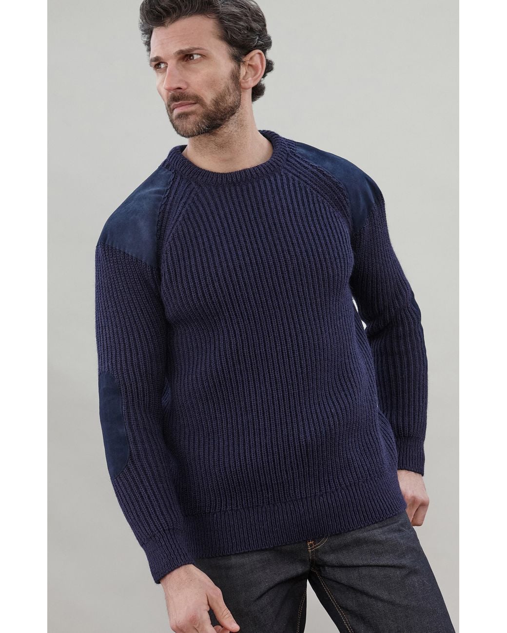Paul James Knitwear Blue Chunky British Wool Hardy Ribbed Shooting Jumper for men