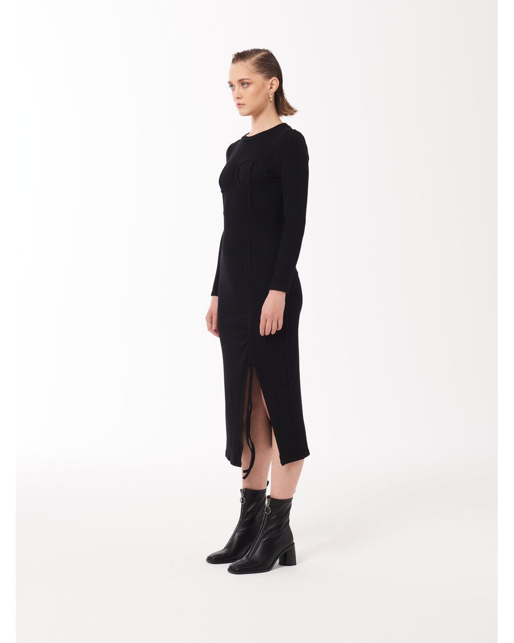 Sour Figs Black Gathered Bra Midi Dress With Split
