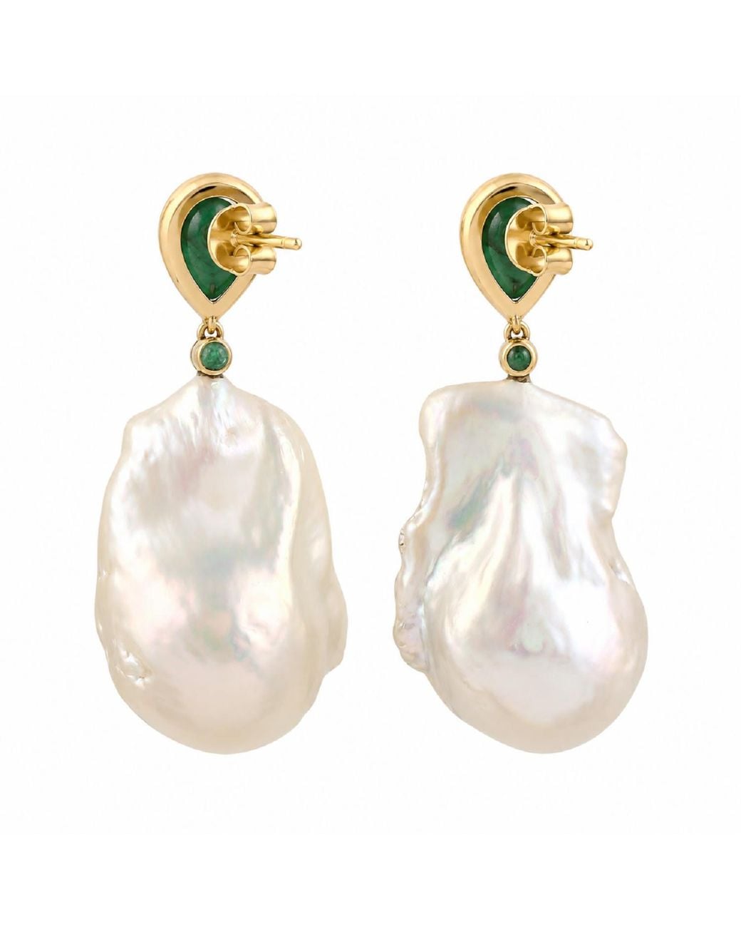 Artisan Green Natural Pearl & Emerald Pear Shape 18k Yellow Gold Dangle Earrings