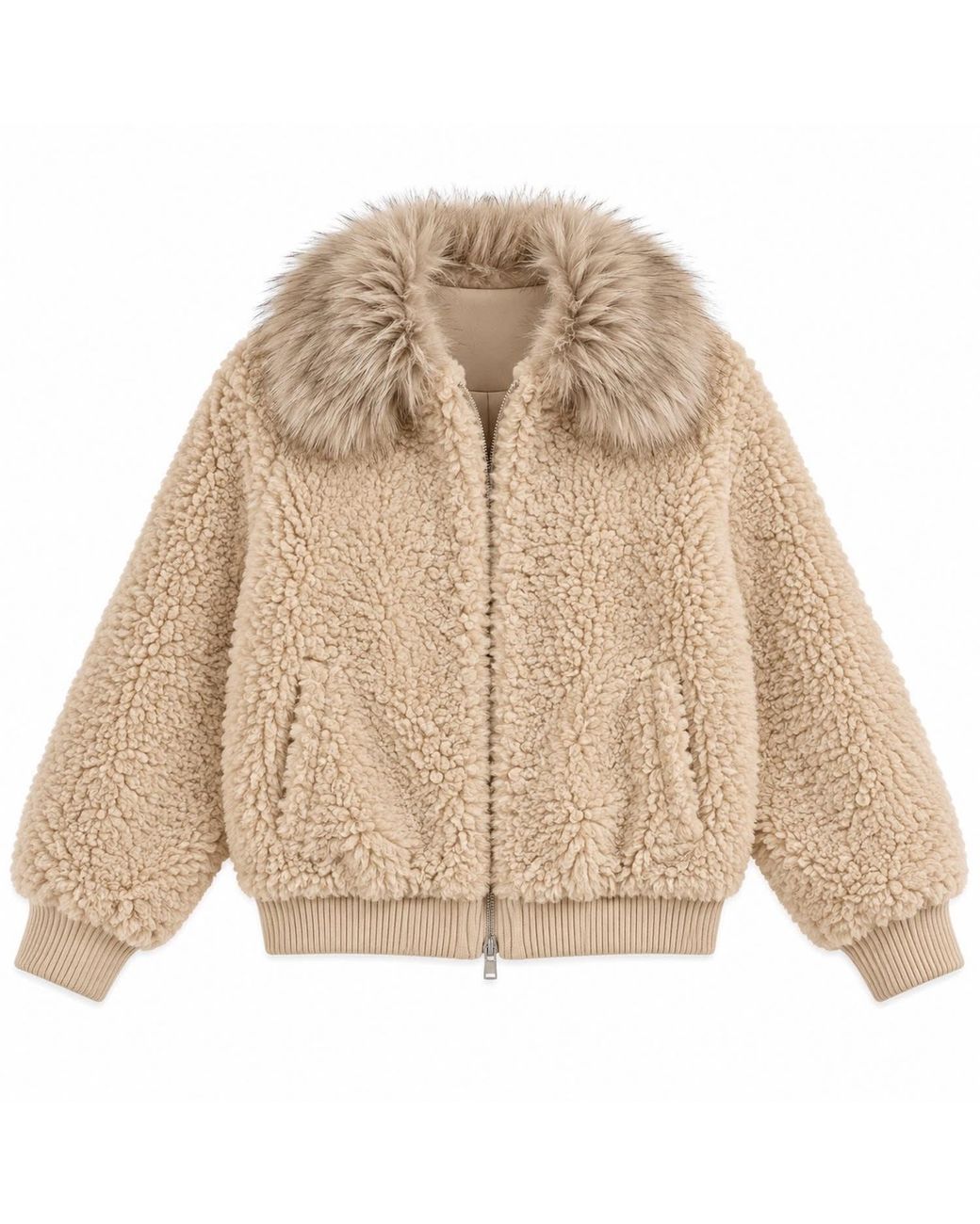 LAtelier London Natural Neutrals Teddy Fleece Jacket With Faux-Fur Collar & Ribbed Cuffs