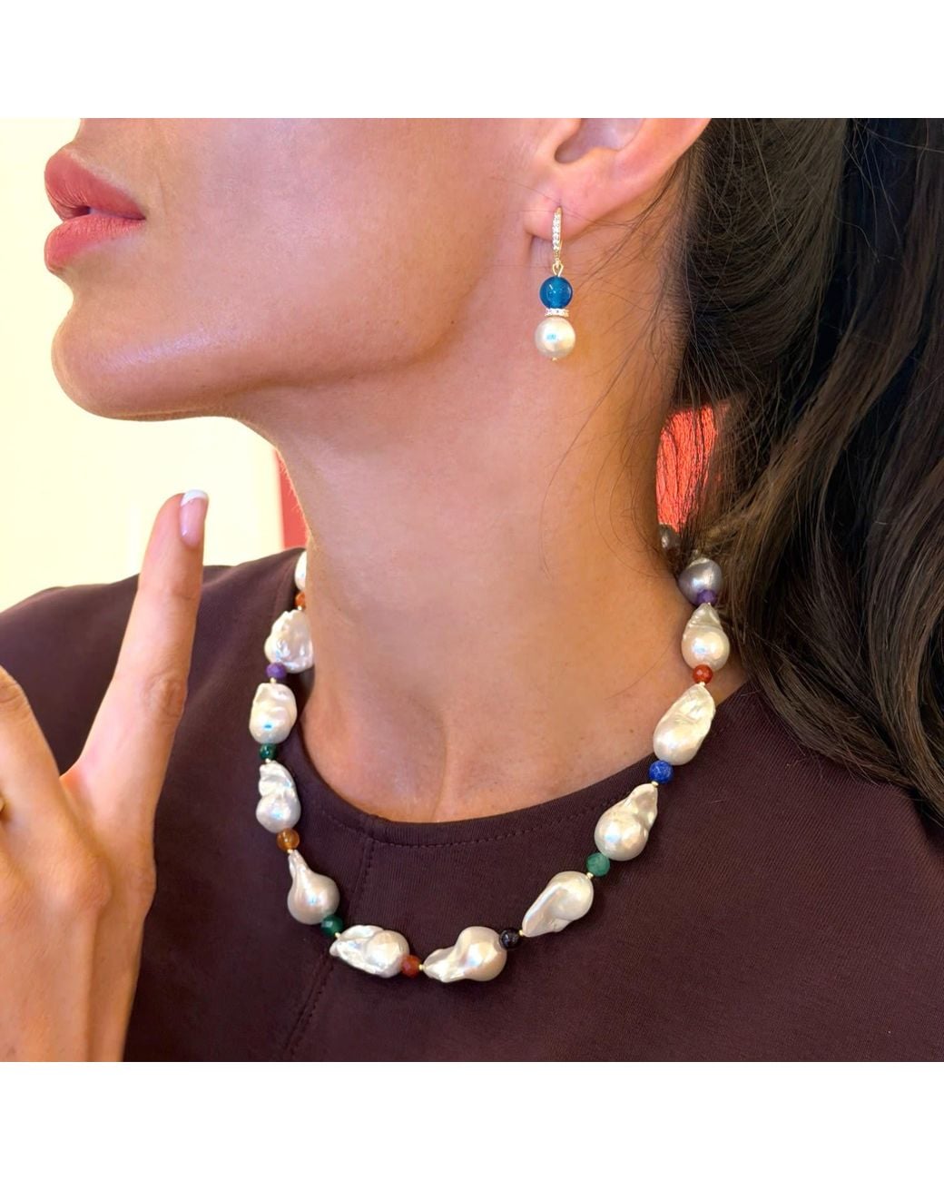 Farra Metallic Baroque Pearls With Colorful Gemstone Necklace