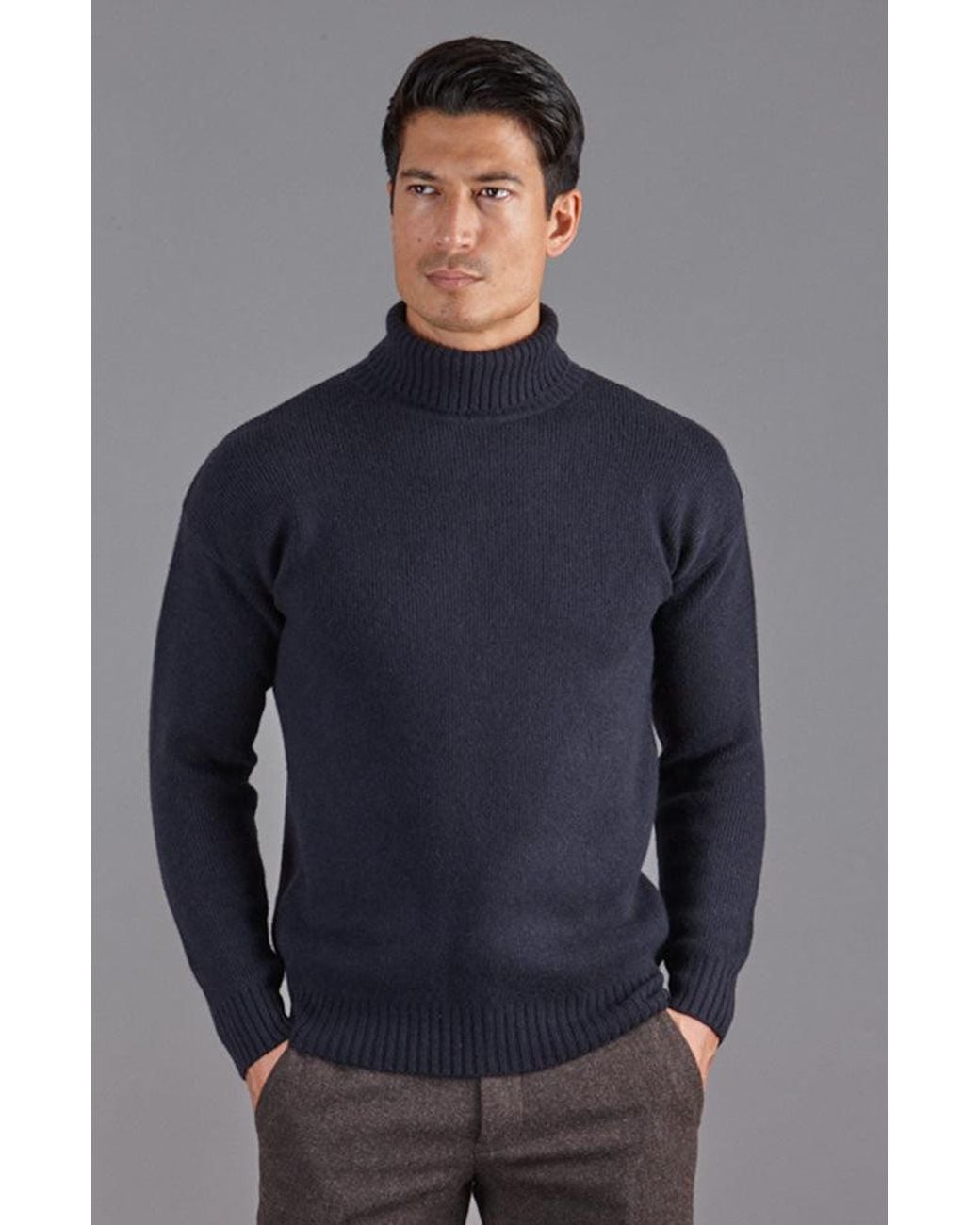 Paul James Knitwear Blue Merino Alessandro Cashmere Submariner Roll Neck Jumper for men