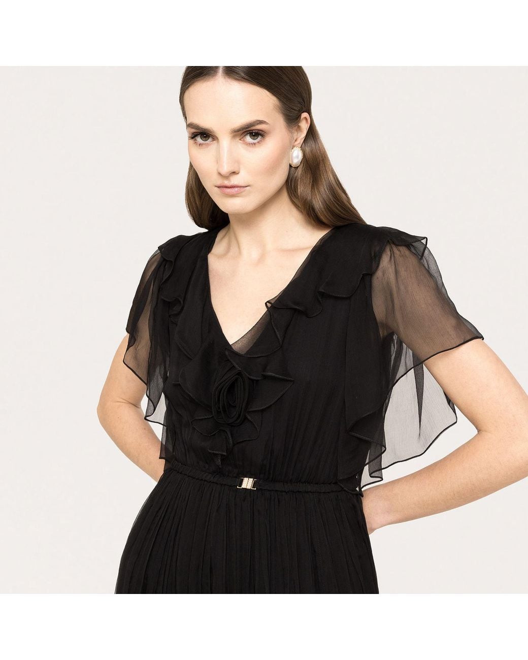 Nissa Black Floral-Appliqué Silk Midi Dress