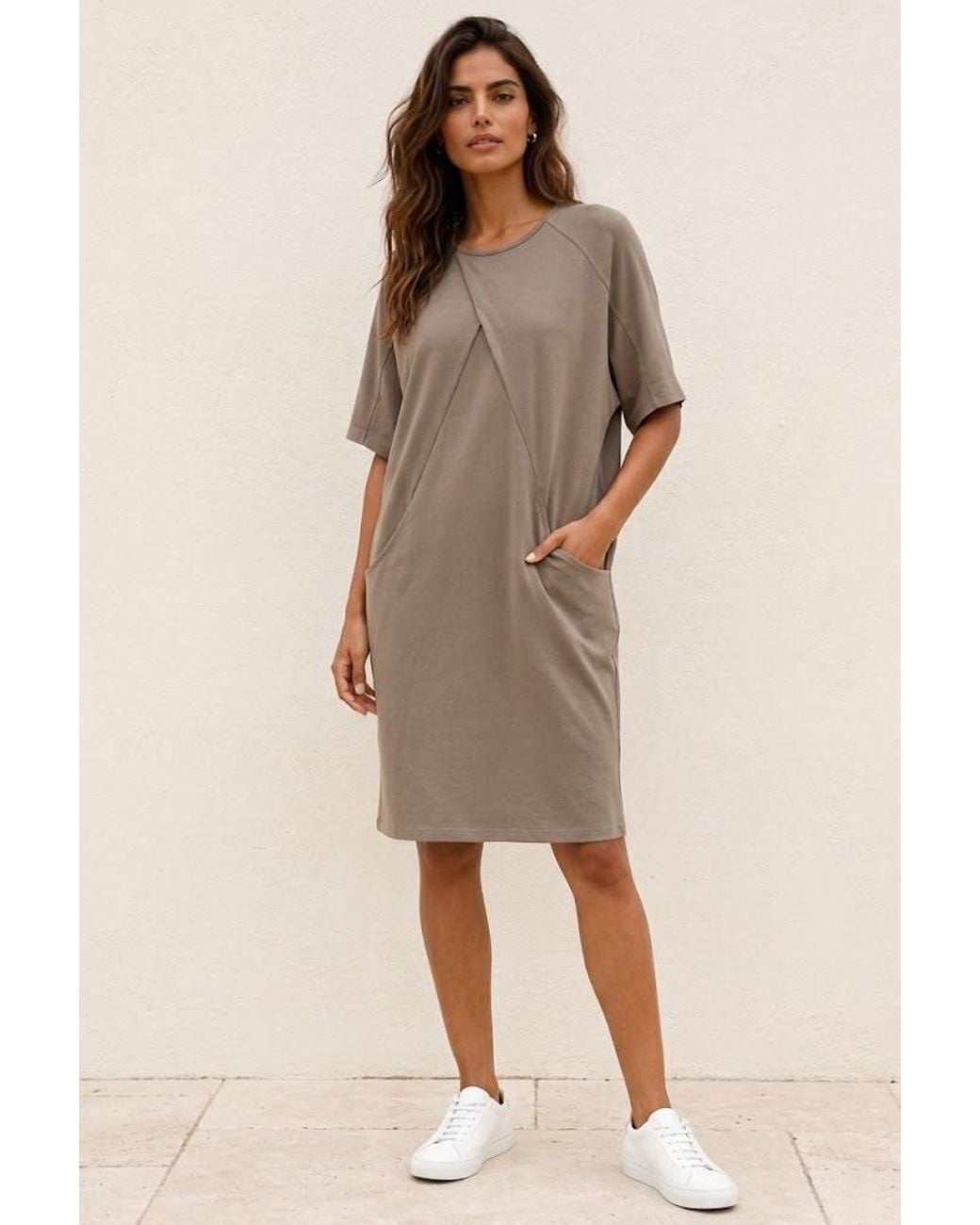 Conquista Brown Architectural Seam Jersey Dress With Pockets