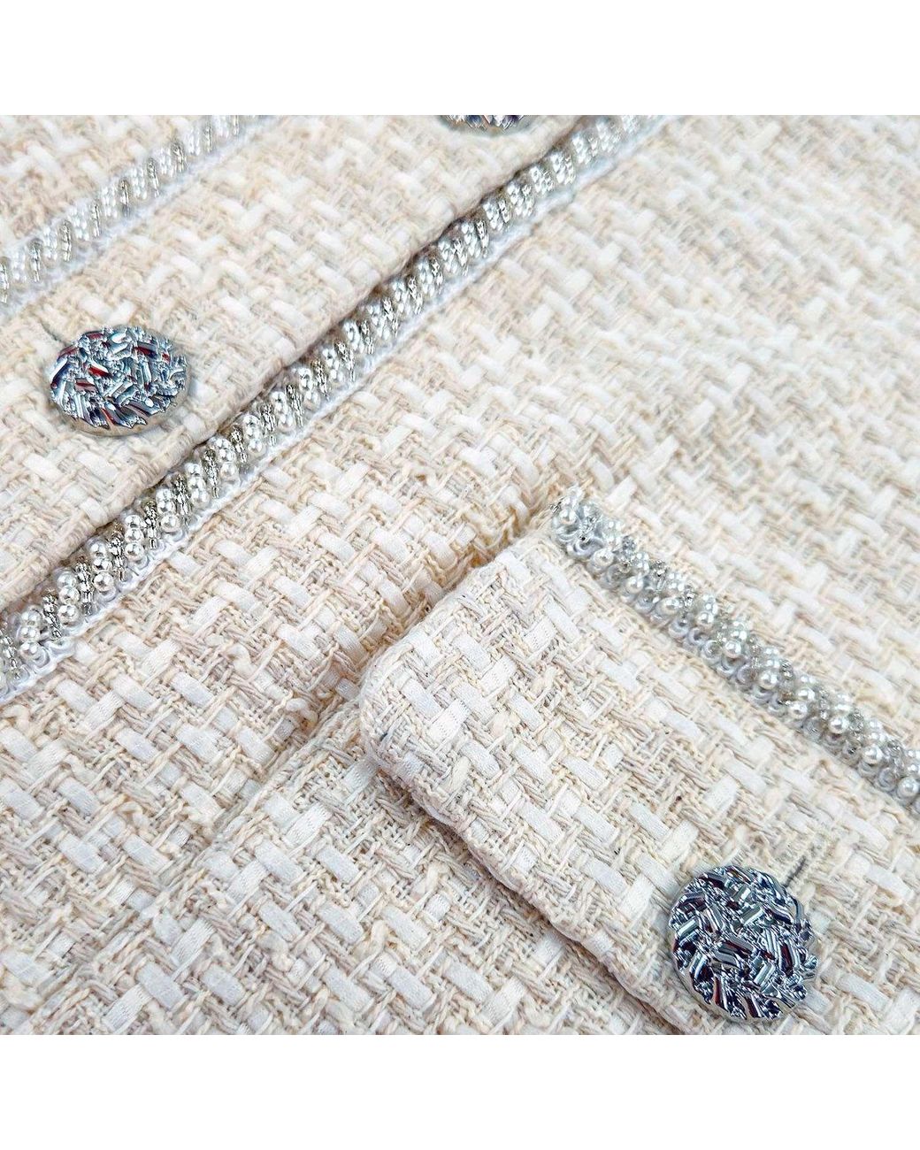 Solgo Atelier White Neutrals Pogonia Crop Tweed Bouclé Jacket With Beaded Trim
