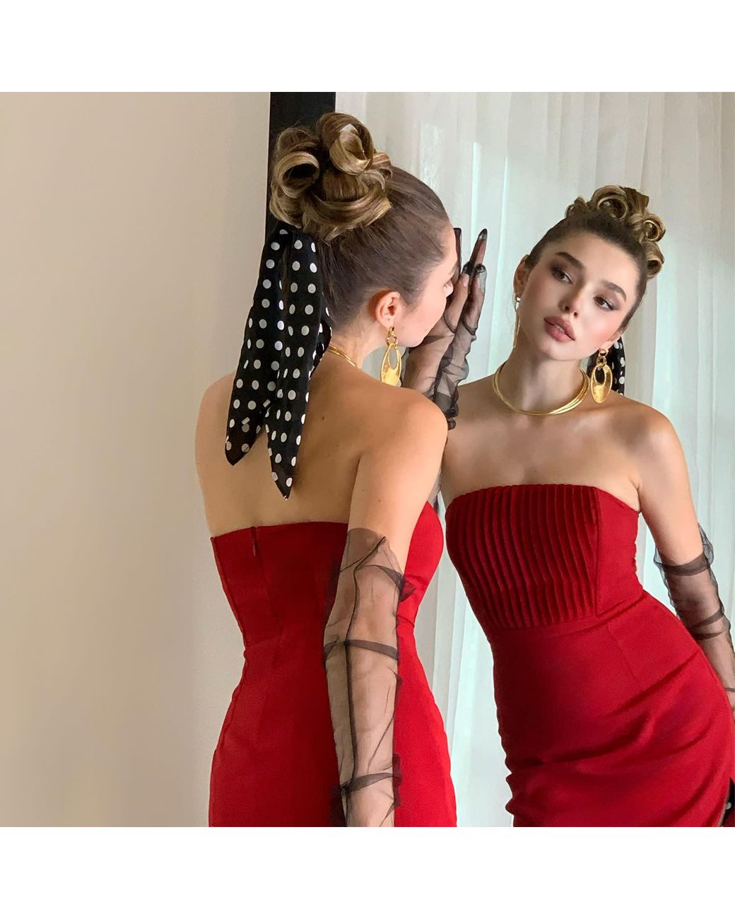 Solgo Atelier Red Leiya Strapless Pintuck Corset Crepe Dress