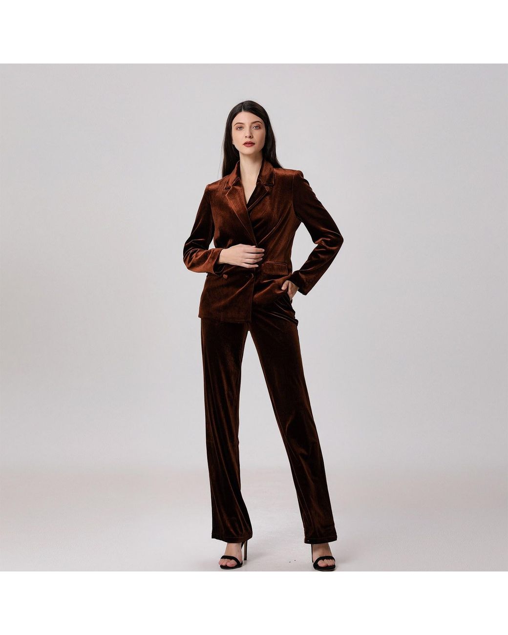 Smart and Joy Brown Double Breasted Velvet Suit Blazer