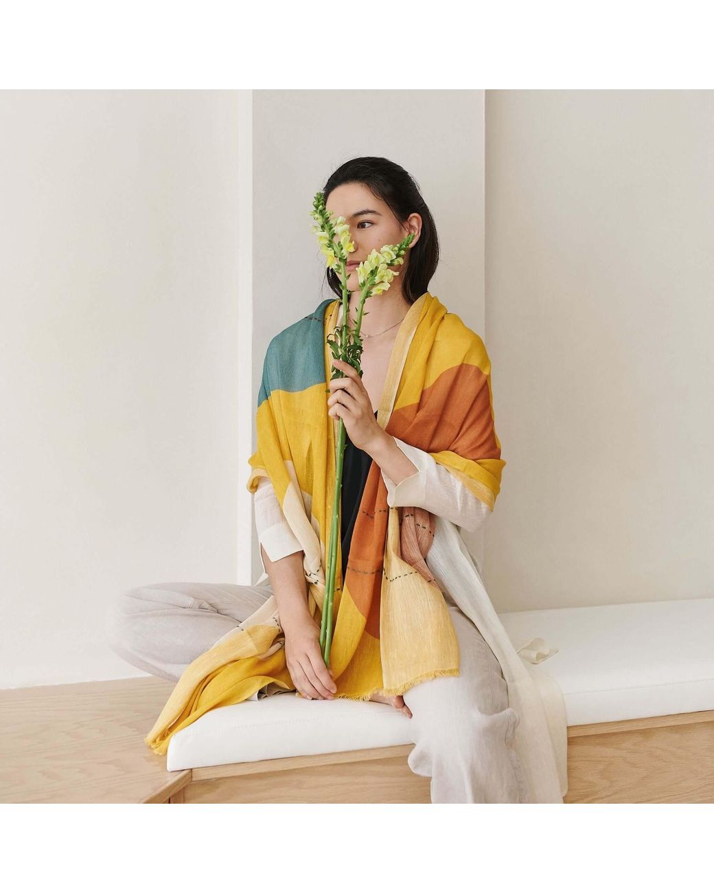 Variously Yellow Cirq Sun Modern Artisan Linen Silk Scarf