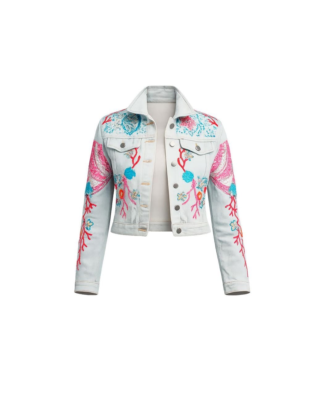 Tantra Spain Sl White Denim Jacket With Embroidered Butterfly Design And Sequins