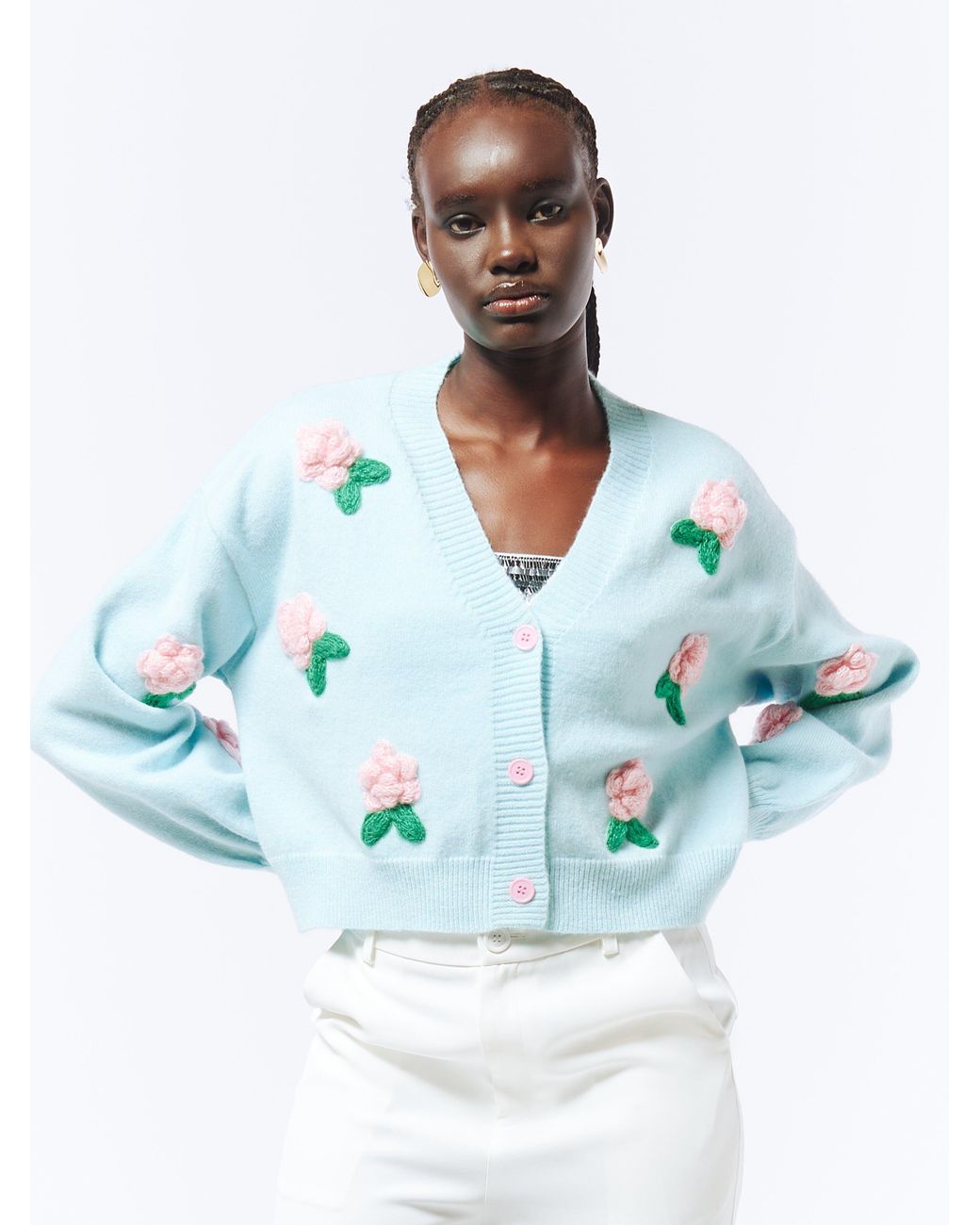 Sour Figs Blue Flower Detail Knit Cardigan