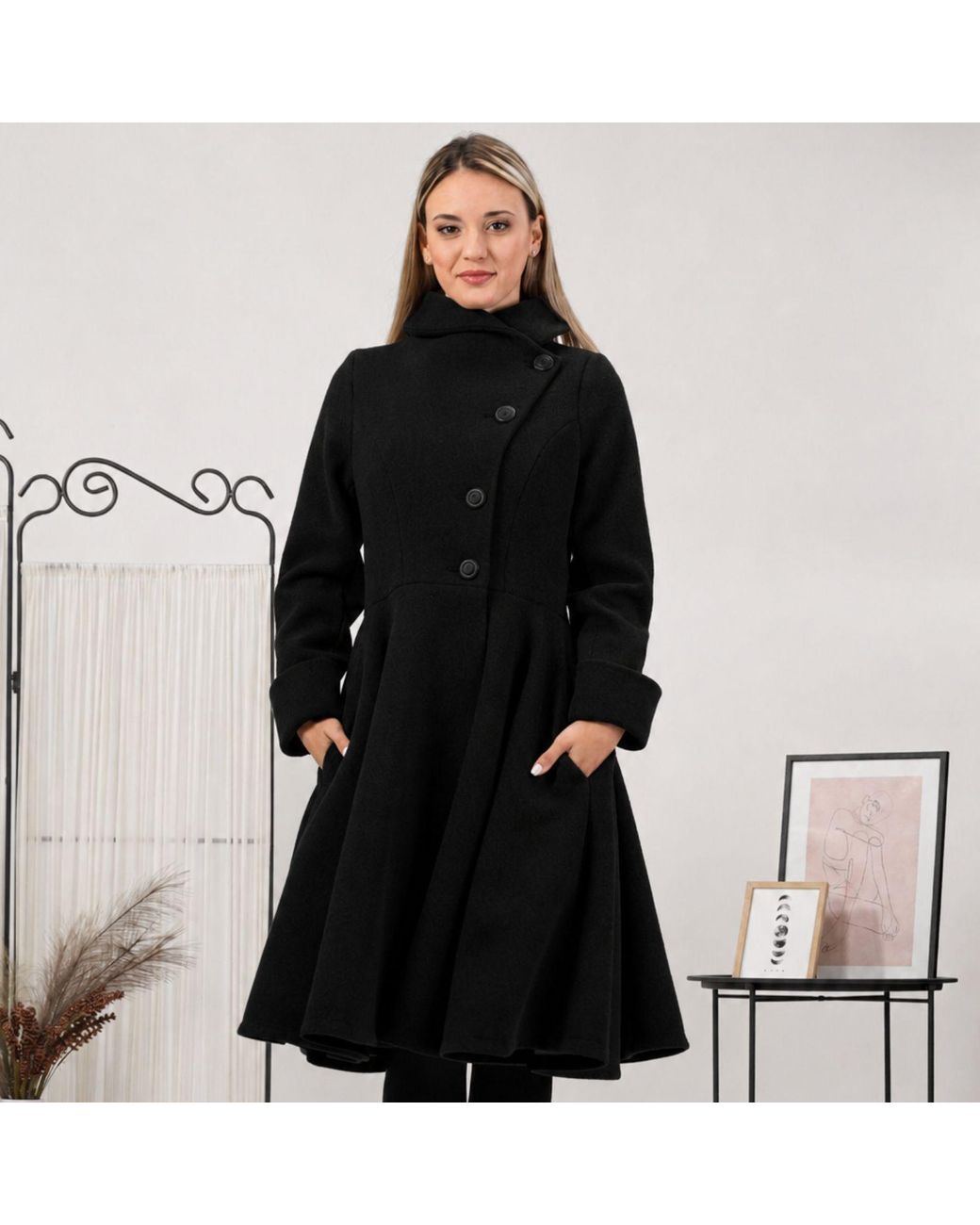 Nikka Place Black A-Line Woolen Coat With Pockets
