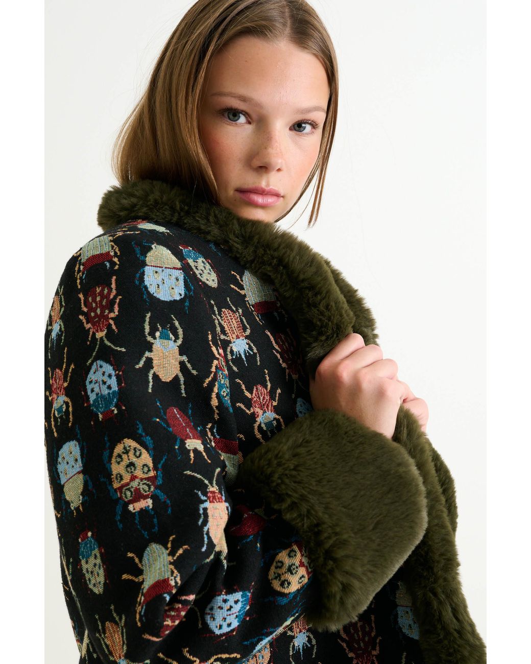 Louche Black Delphia Beetlejuice Jacquard Fur Trim Coat