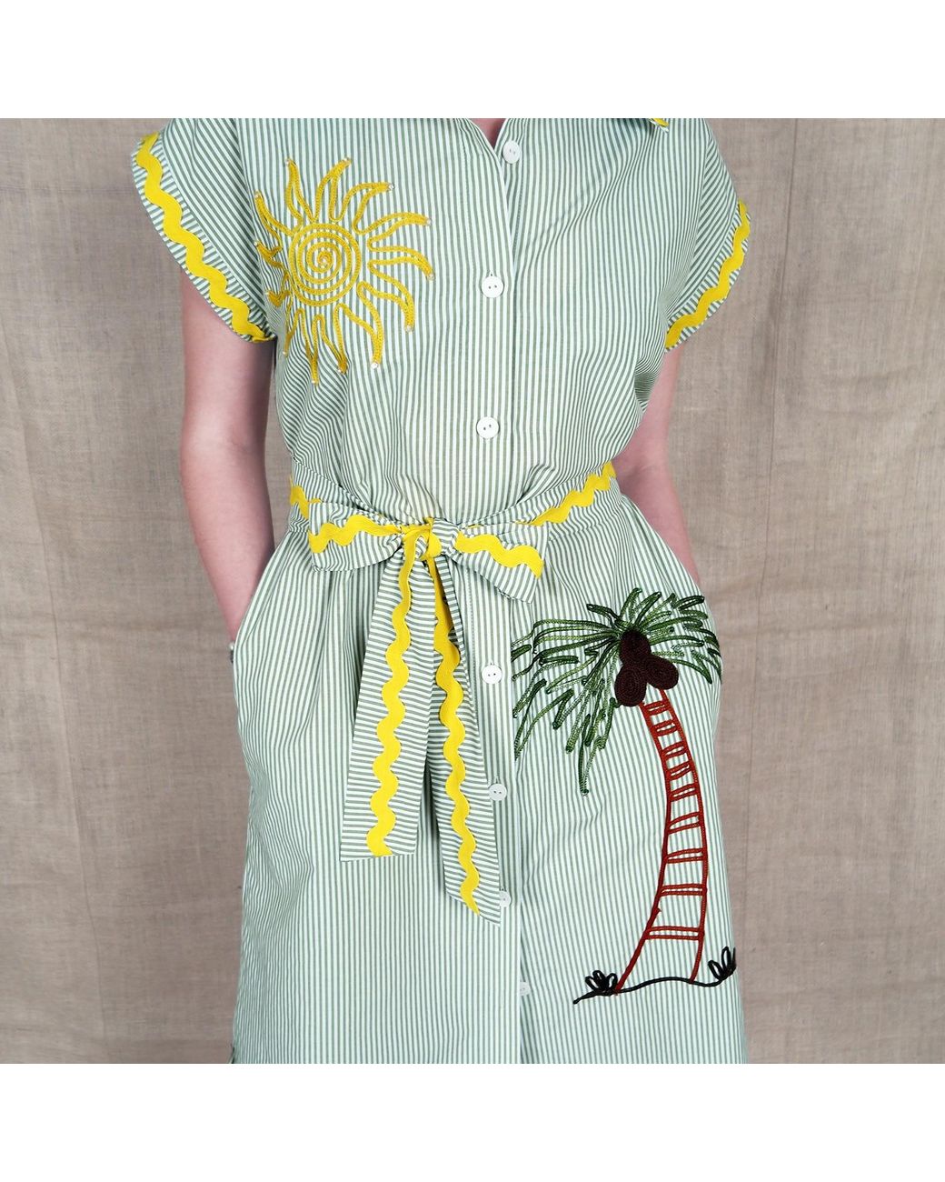 Lalipop Design Green Pinstripe Cotton Shirtdress With Sun & Palm Tree Embroidery
