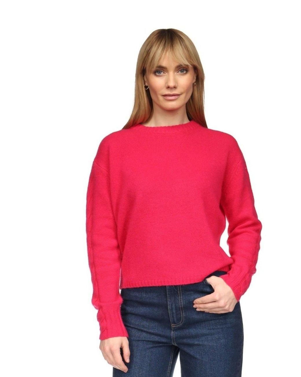Brodie Cashmere Pink Cable Sleeve Crew